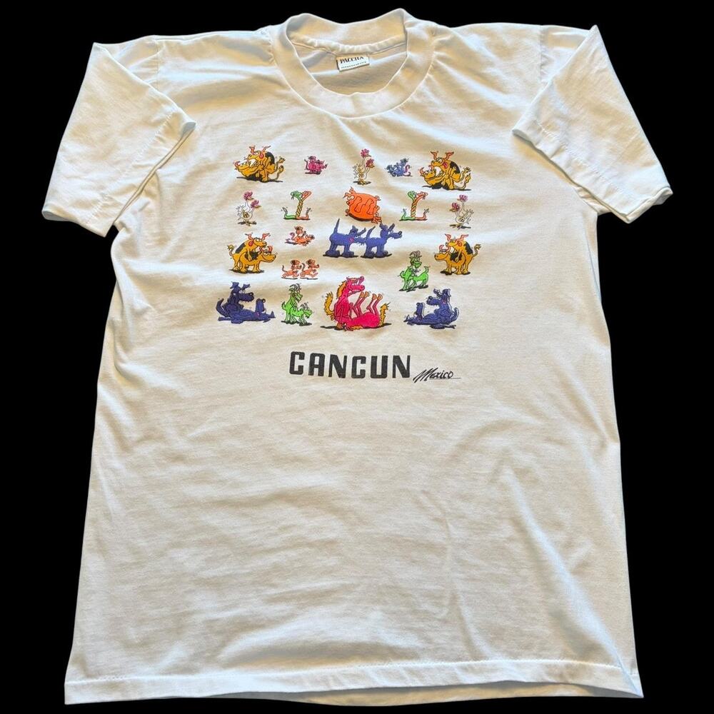Cancun Mexico Cartoon Animals Shirt Mens XL White Paccha Graphic Tee Naughty
